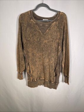 ZENANA WOMENS RIBBED ACID WASH PULLOVER TOP BROWN TAN MEDIUM